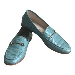 Sam Edelman Loraine Crocodile Print Teal Blue leather Women’s Size 8 Gold Bar
